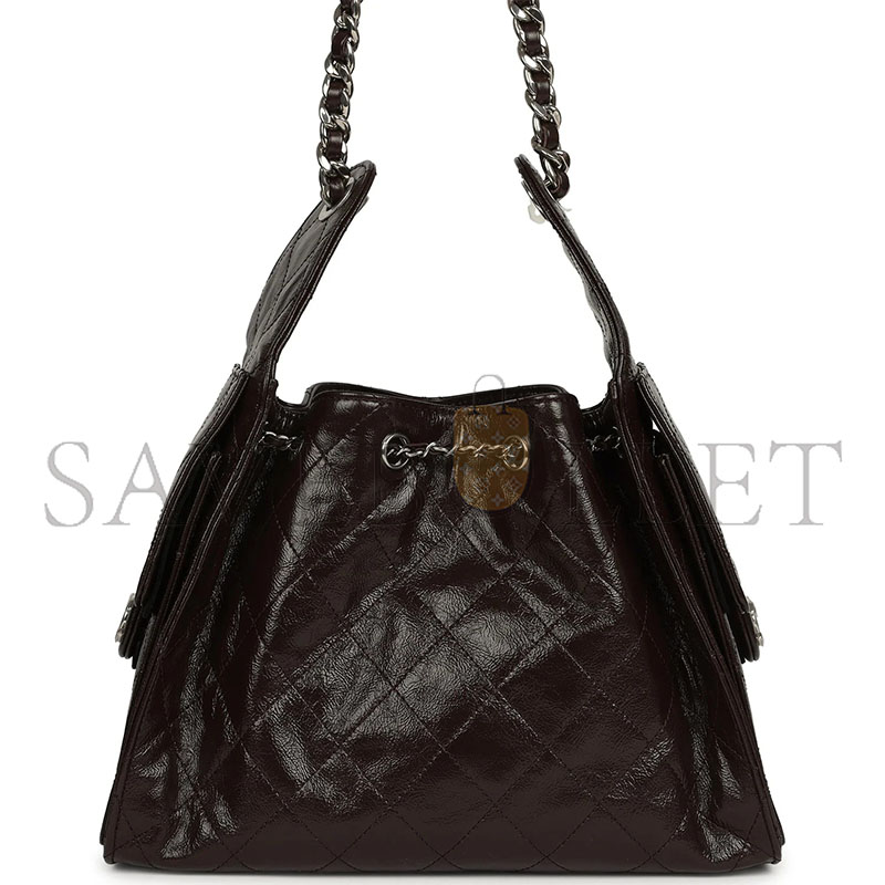CHANEL MASTER SMALL 25 HOBO BAG DARK BROWN SHINY AGED CALFSKIN SILVER HARDWARE AS5293  (30*26*14cm)